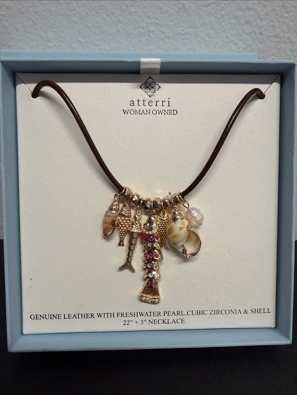 Atterri | Coastal Chic Leather Freshwater Pearl Shell Ocean Motif Charm Necklace - Picture 8 of 8